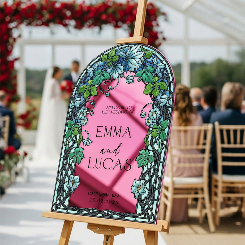 Garden Vine Stained Glass Wedding Sign, Blue Floral Wedding Welcome Sign - SpeedyOrders
