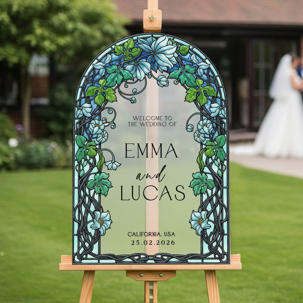 Garden Vine Stained Glass Wedding Sign, Blue Floral Wedding Welcome Sign - SpeedyOrders