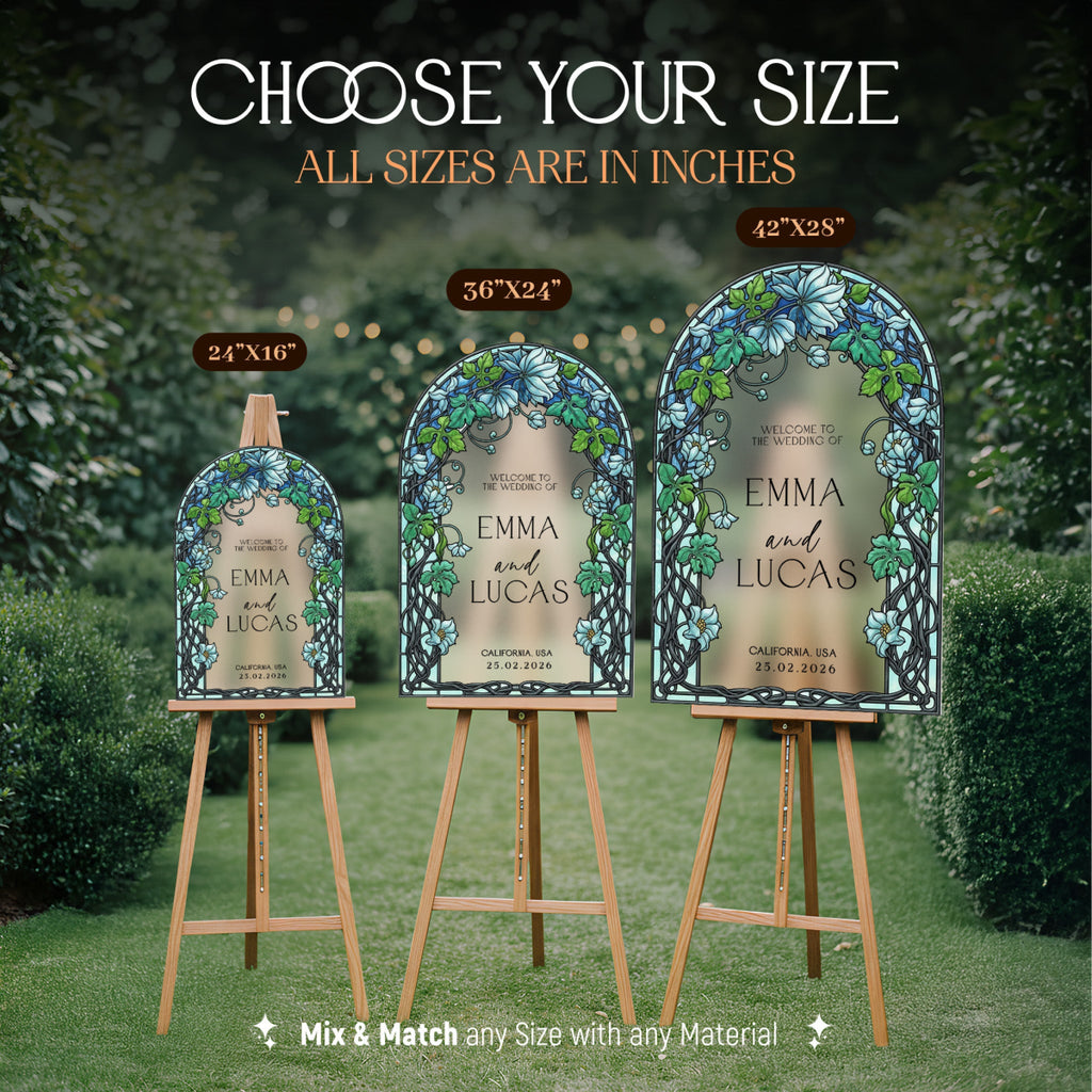 Garden Vine Stained Glass Wedding Sign, Blue Floral Wedding Welcome Sign - SpeedyOrders