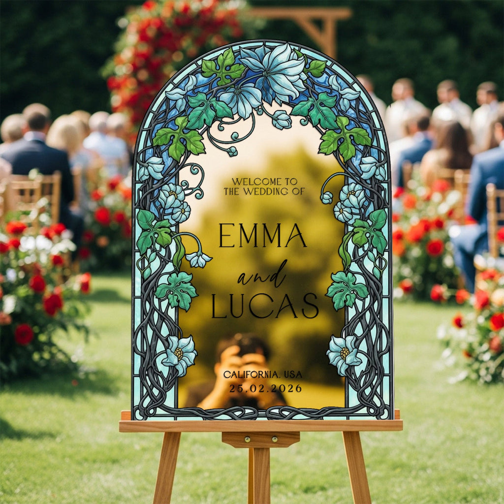 Garden Vine Stained Glass Wedding Sign, Blue Floral Wedding Welcome Sign - SpeedyOrders