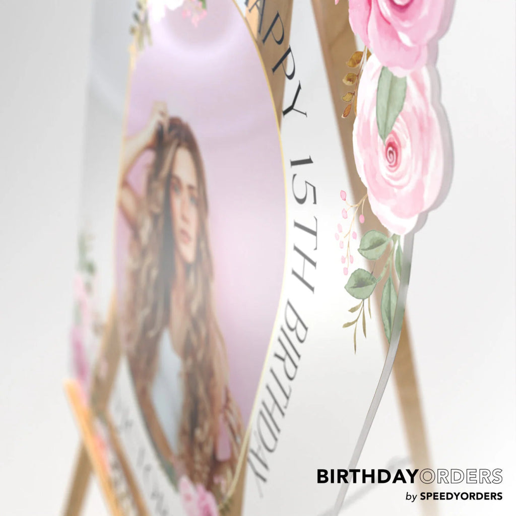 Girls Birthday Welcome Sign with Photo, Pink Roses Birthday Sign - SpeedyOrders