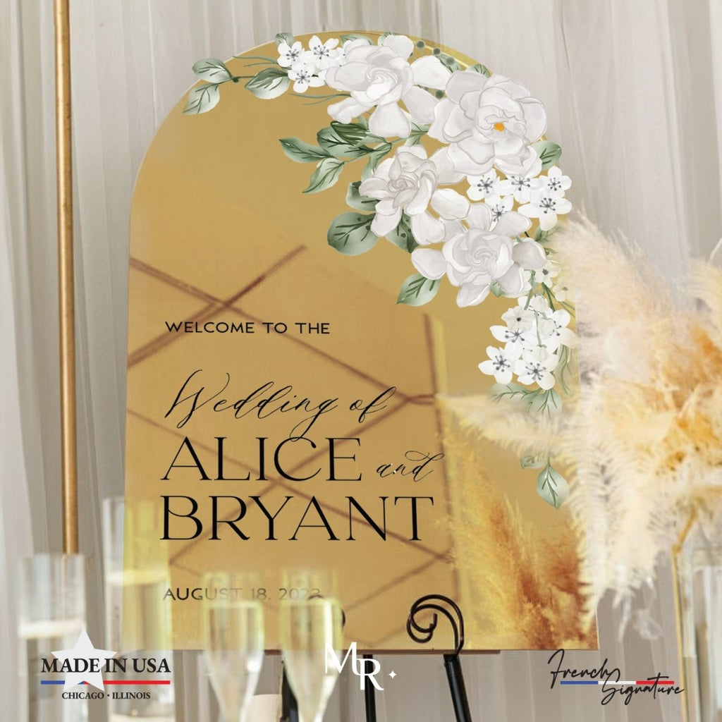 Gold Acrylic Mirror Wedding Sign, Silver Acrylic Mirror Floral Wedding Sign, White Floral Wedding Sign - SpeedyOrders