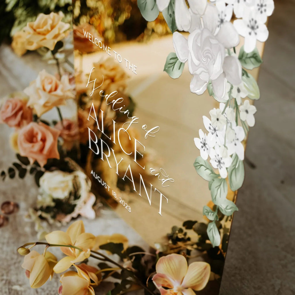Gold Acrylic Mirror Wedding Sign, Silver Acrylic Mirror Floral Wedding Sign, White Floral Wedding Sign - SpeedyOrders