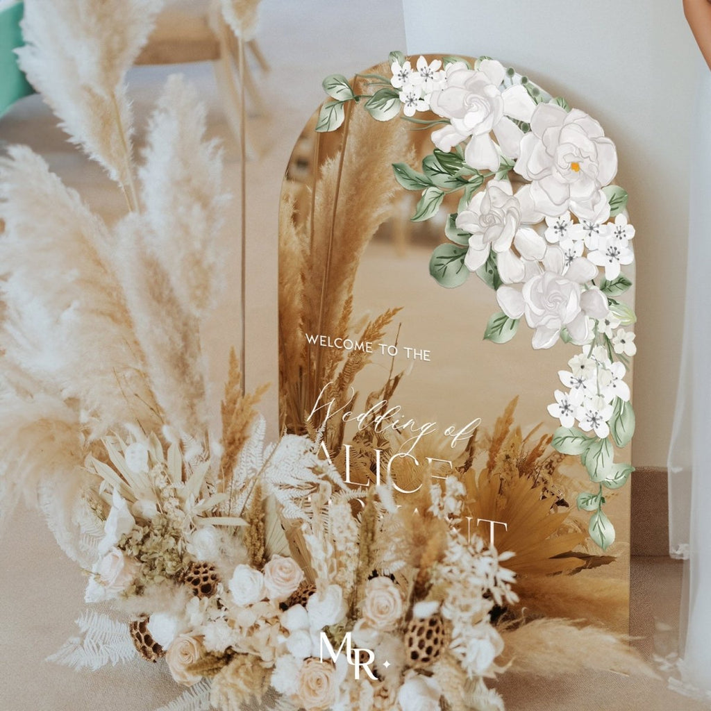 Gold Acrylic Mirror Wedding Sign, Silver Acrylic Mirror Floral Wedding Sign, White Floral Wedding Sign - SpeedyOrders