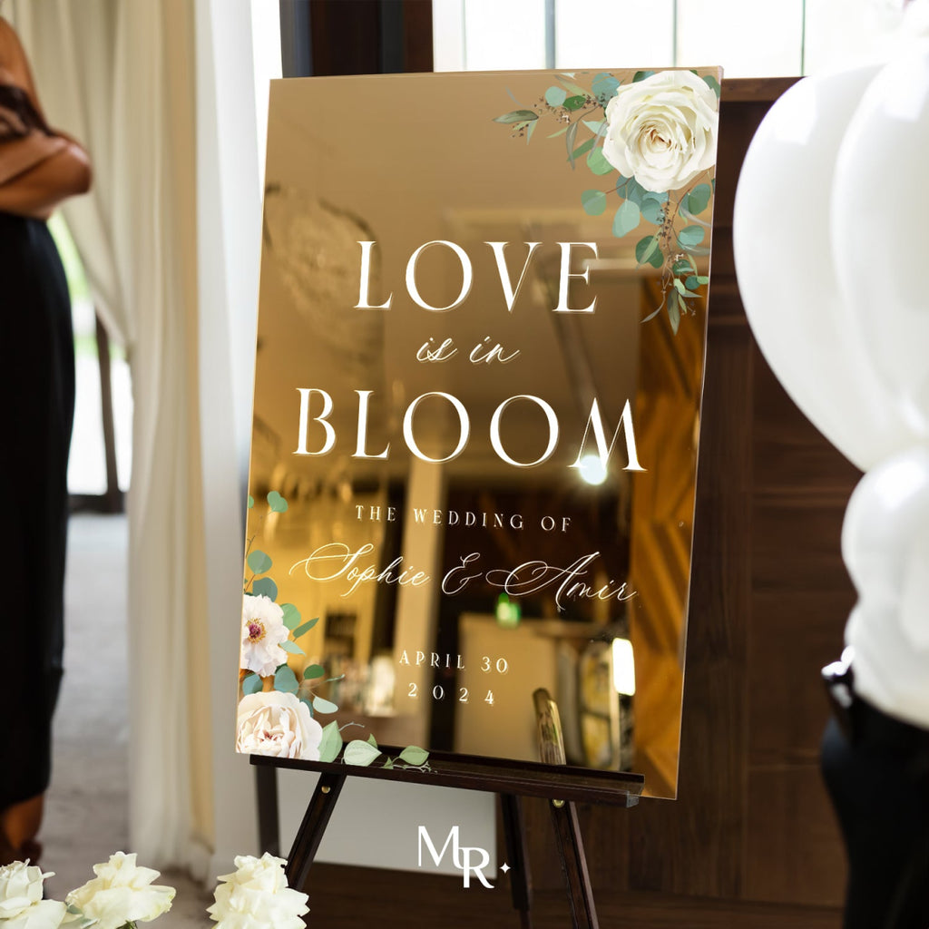 Gold Mirror Wedding Sign, Floral Wedding Sign, Wedding Entrance Sign - SpeedyOrders