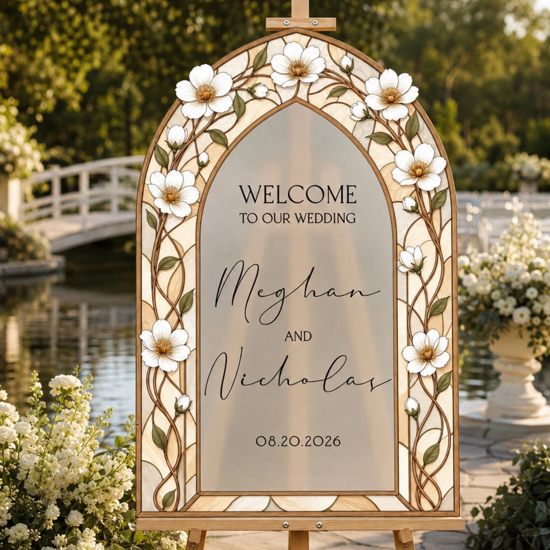 Golden Blossom Stained Glass Wedding Welcome Sign — Warm Floral Frame - SpeedyOrders