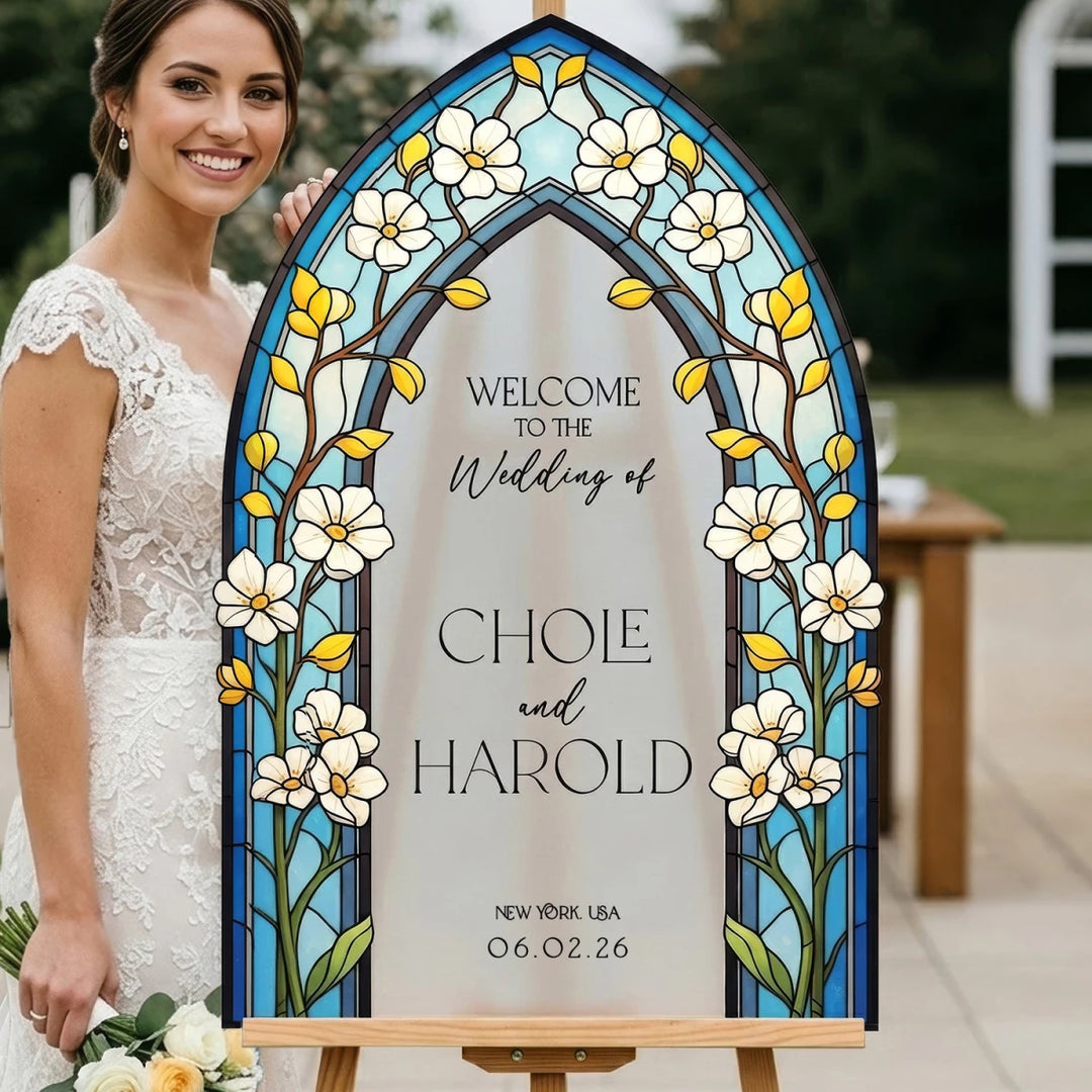 Gothic Arch Wedding Welcome Sign — Blue & White Stained Glass - SpeedyOrders