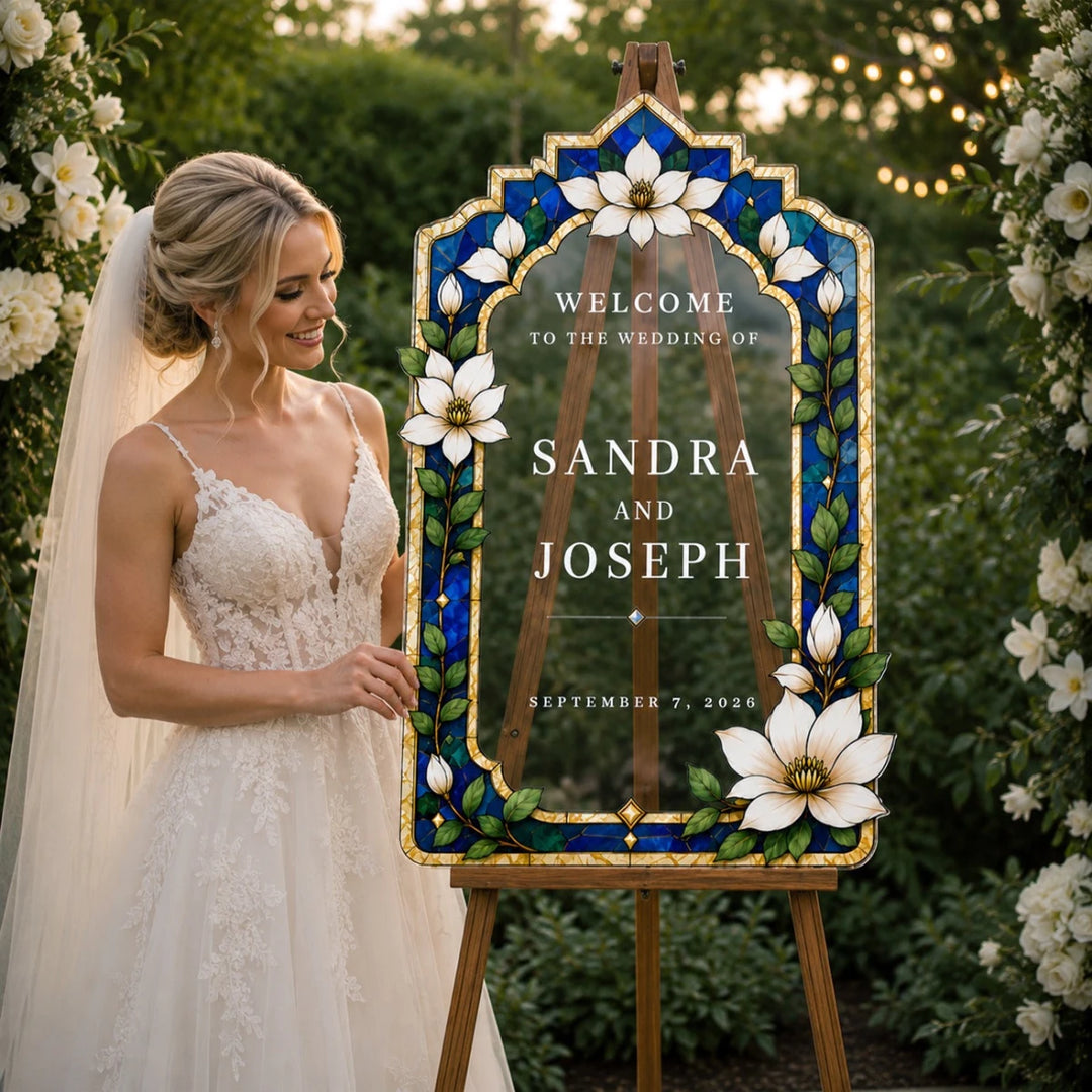 Gothic Blue Magnolia Stained Glass Wedding Welcome Sign - SpeedyOrders