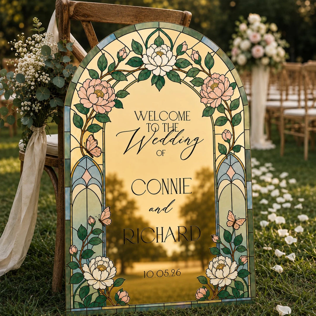 Green Art Nouveau Stained Glass Wedding Welcome Sign — Floral Arch - SpeedyOrders