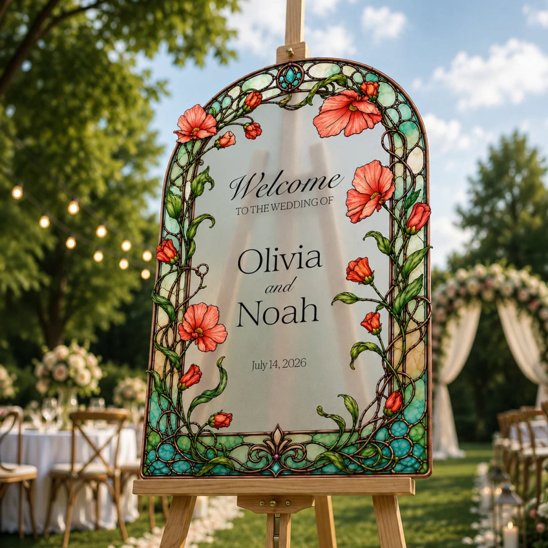 Green Stained Glass Red Poppy Wedding Welcome Sign - SpeedyOrders