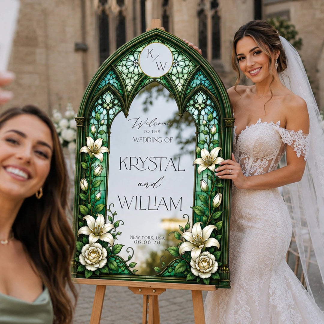 Green Stained Glass White Flower Wedding Welcome Sign - SpeedyOrders