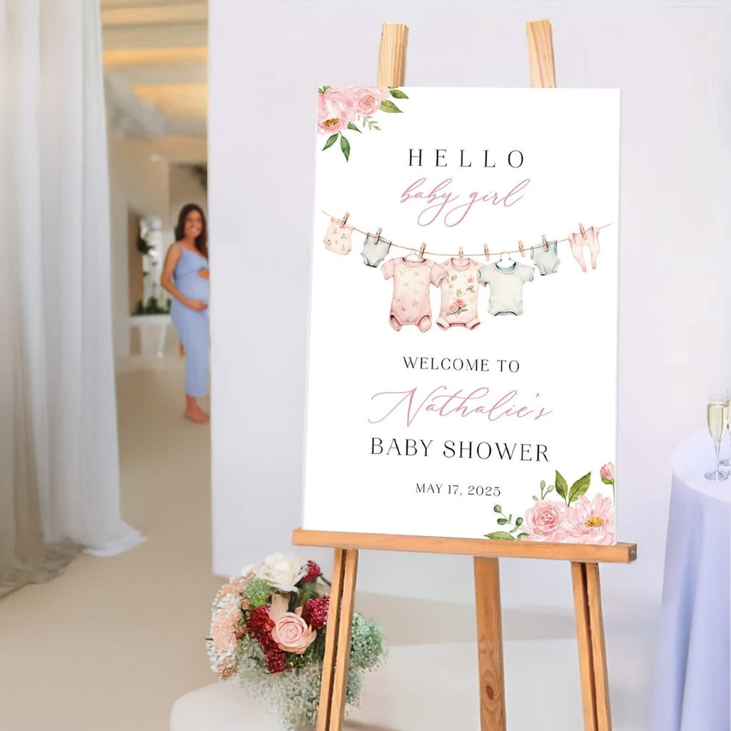 Hello Baby Girl Baby Shower Sign, Pink Clothesline Baby Shower Sign - SpeedyOrders