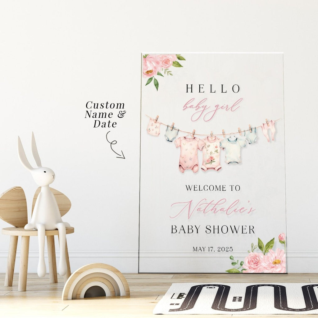 Hello Baby Girl Baby Shower Sign, Pink Clothesline Baby Shower Sign - SpeedyOrders