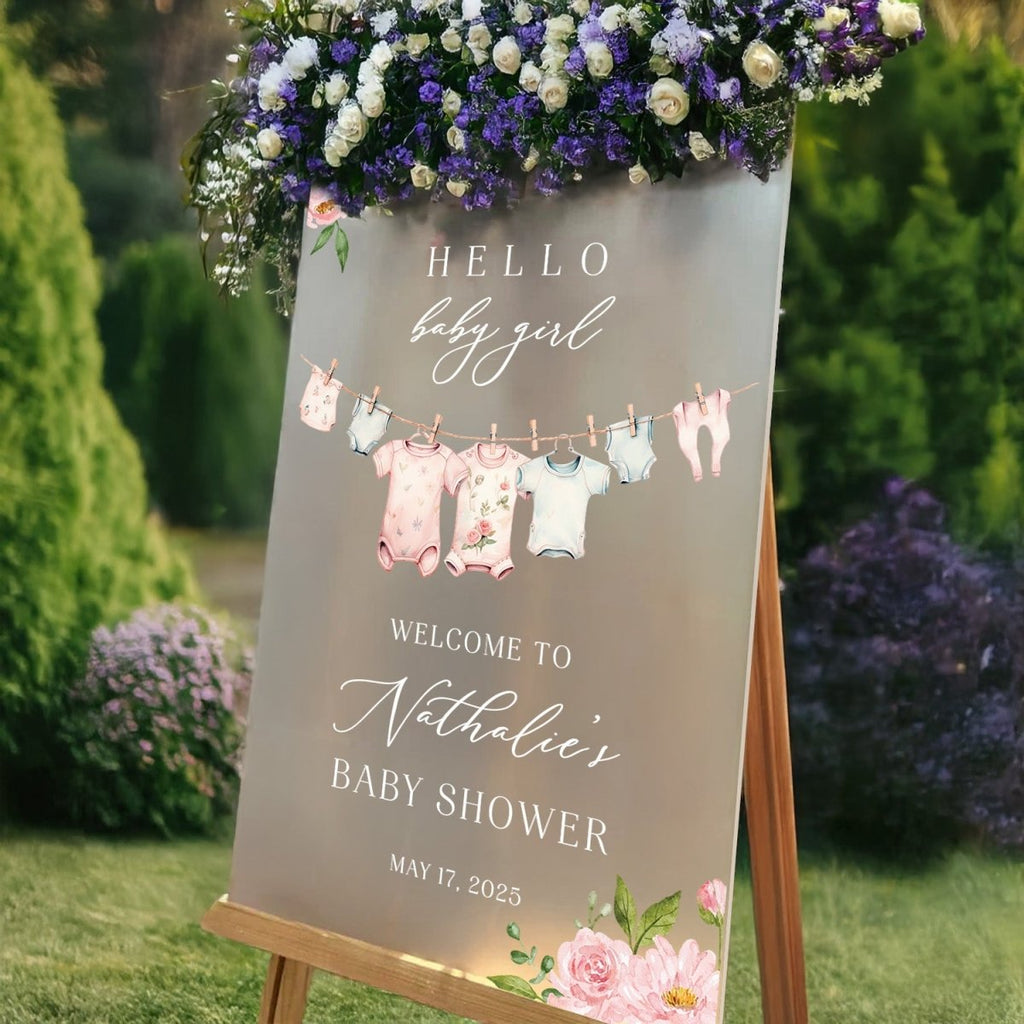Hello Baby Girl Baby Shower Sign, Pink Clothesline Baby Shower Sign - SpeedyOrders