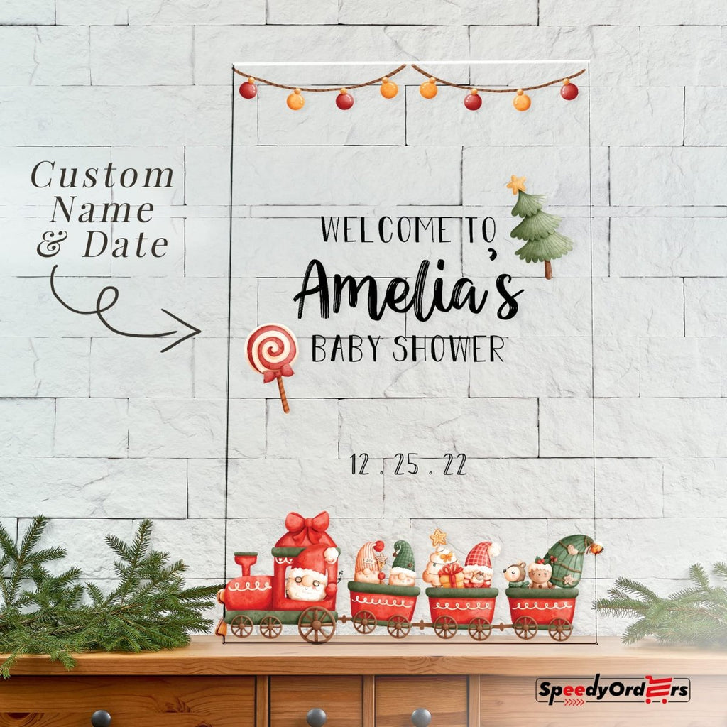 Here Comes Santa Claus Christmas Baby Shower Welcome Sign, Customized Merry Xmas Baby Shower Welcome Decoration - SpeedyOrders