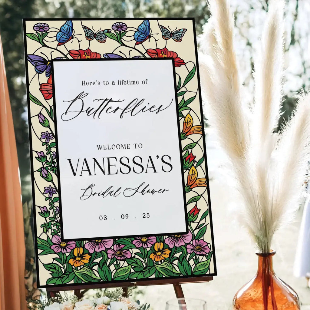 Here's To A Lifetime Of Butterflies Bridal Shower Sign, Stained Glass Bridal Shower Sign - SpeedyOrders