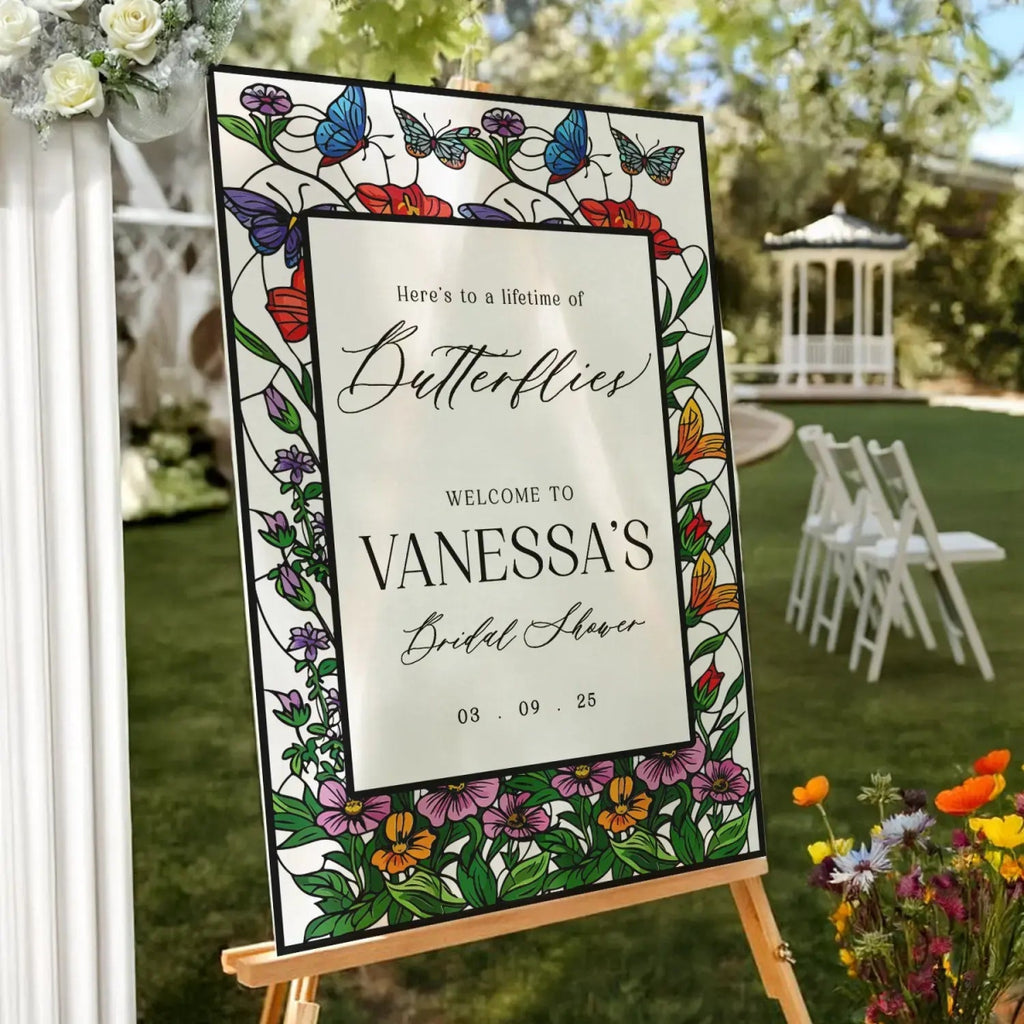 Here's To A Lifetime Of Butterflies Bridal Shower Sign, Stained Glass Bridal Shower Sign - SpeedyOrders