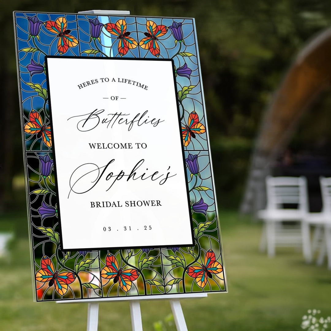 Here’s To A Lifetime Of Butterflies Sign, Stained Glass Butterflies Bridal Shower Sign - SpeedyOrders