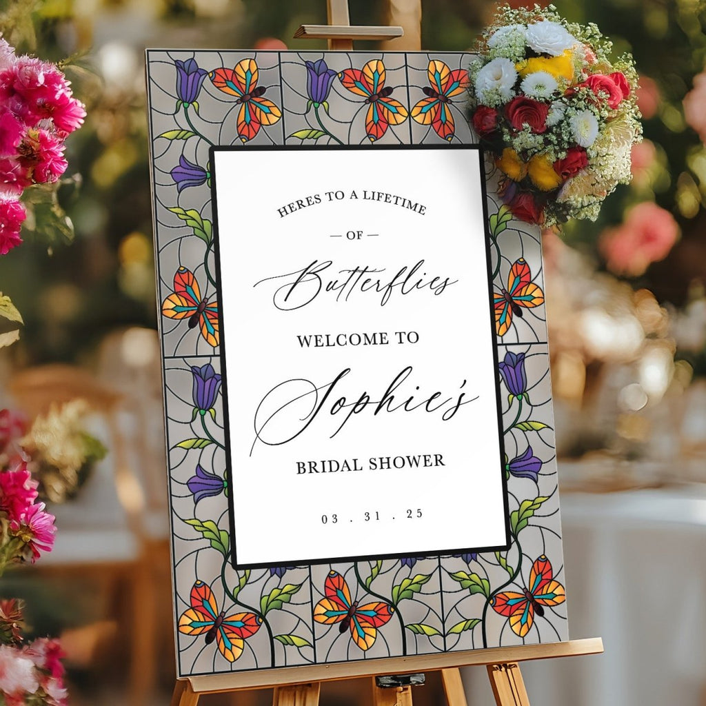 Here’s To A Lifetime Of Butterflies Sign, Stained Glass Butterflies Bridal Shower Sign - SpeedyOrders
