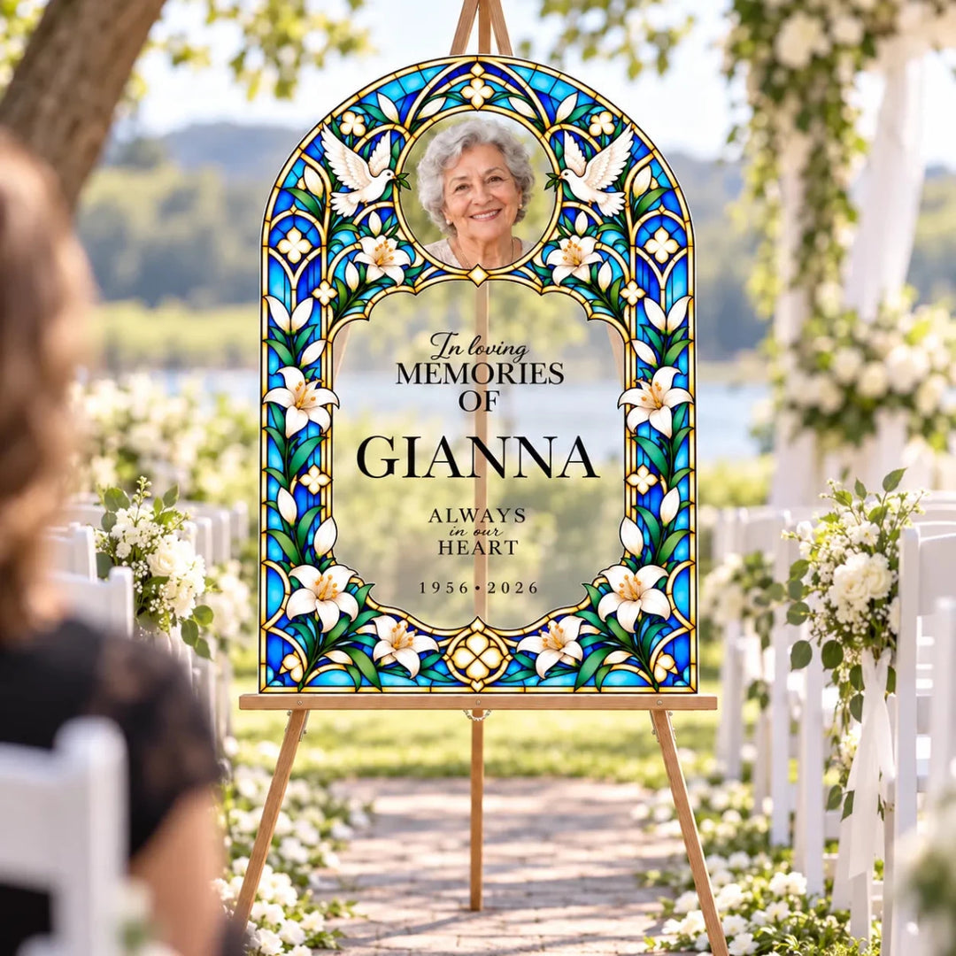 In Loving Memory Stained Glass Memorial Sign — White Lily & Doves Arch - SpeedyOrders