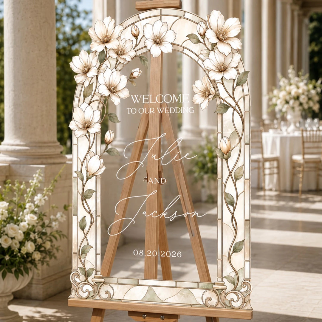 Ivory Magnolia Stained Glass Wedding Welcome Sign — Botanical Mosaic - SpeedyOrders
