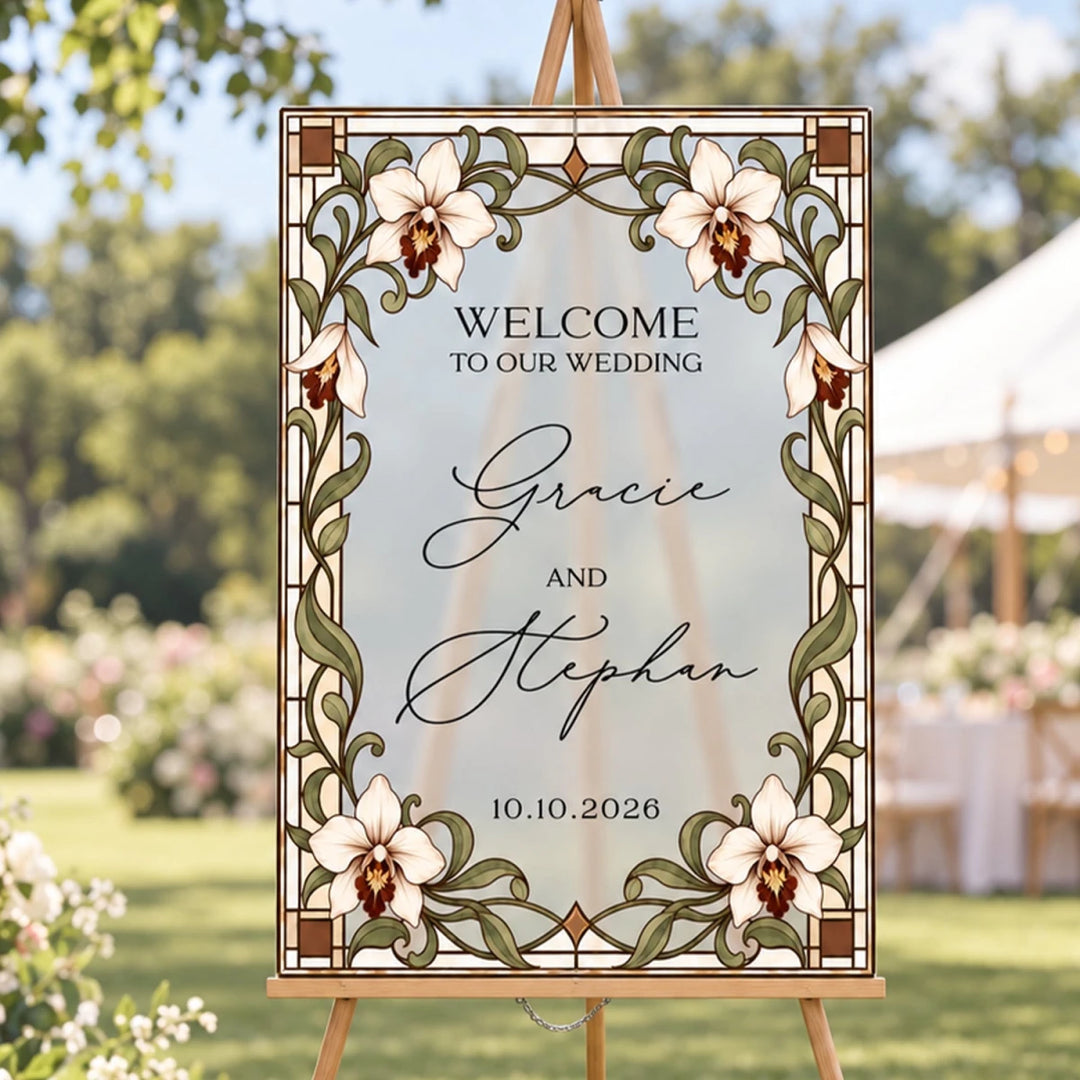 Ivory Orchid Stained Glass Wedding Welcome Sign — Art Nouveau Rectangle - SpeedyOrders