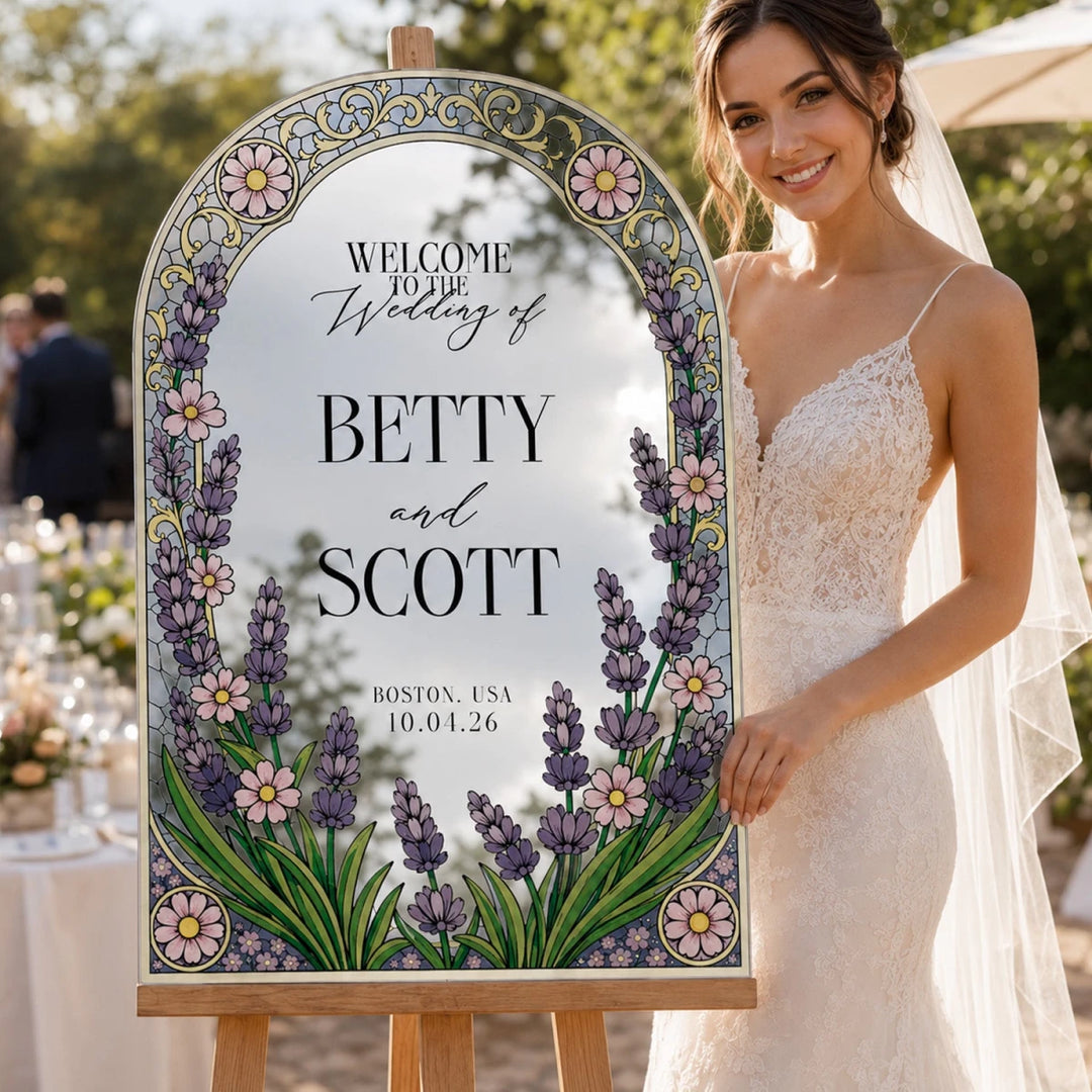 Lavender & Daisy Stained Glass Wedding Welcome Sign — Pastel Floral Arch - SpeedyOrders