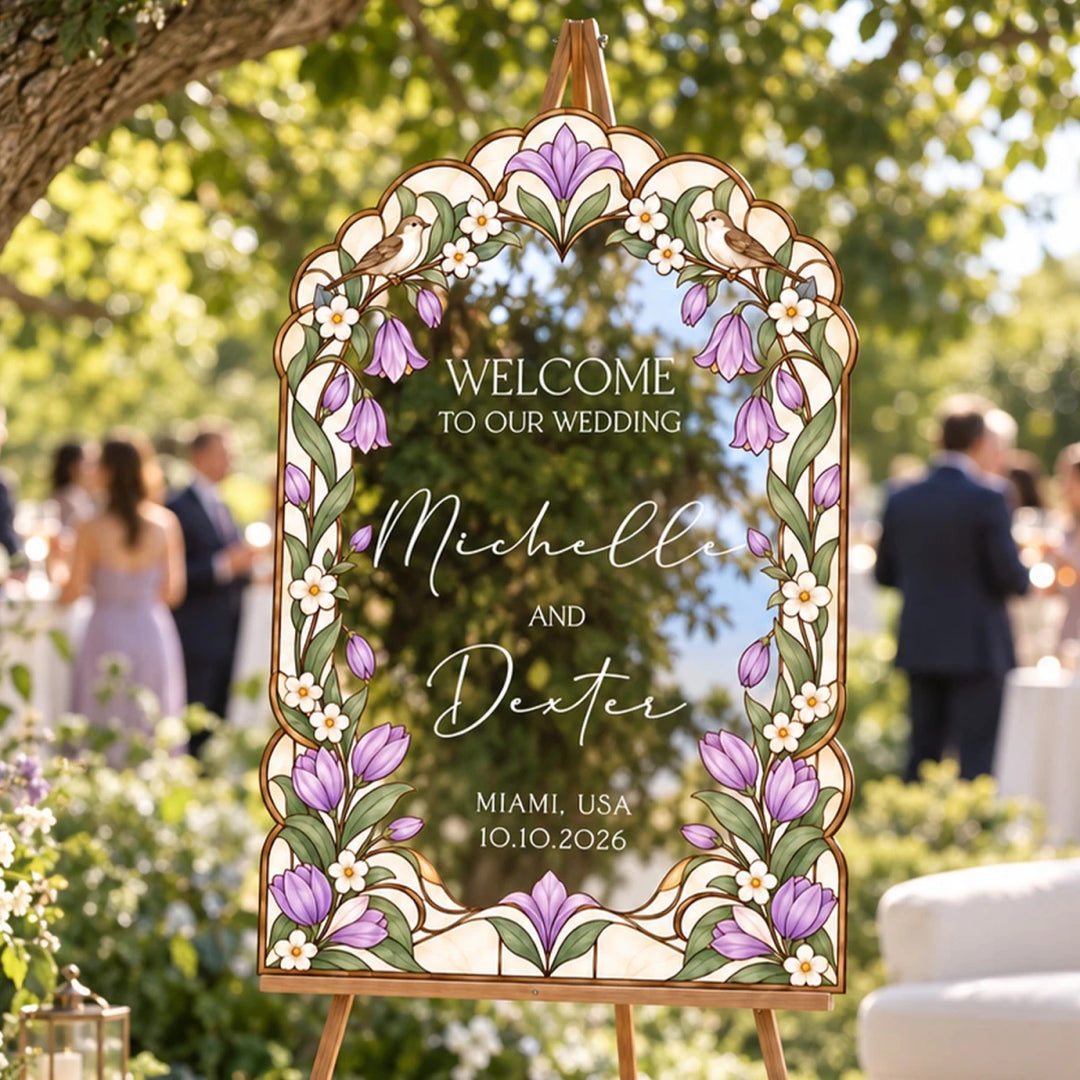 Lavender Tulip Stained Glass Wedding Welcome Sign — Scalloped Botanical Arch - SpeedyOrders