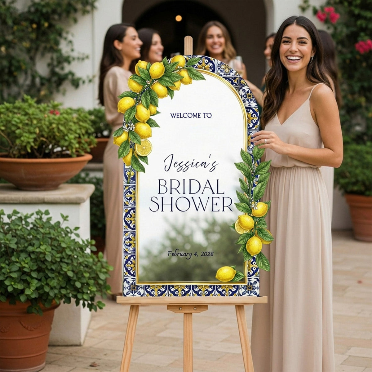 Lemon Blue Tiles Mirror Bridal Shower Sign