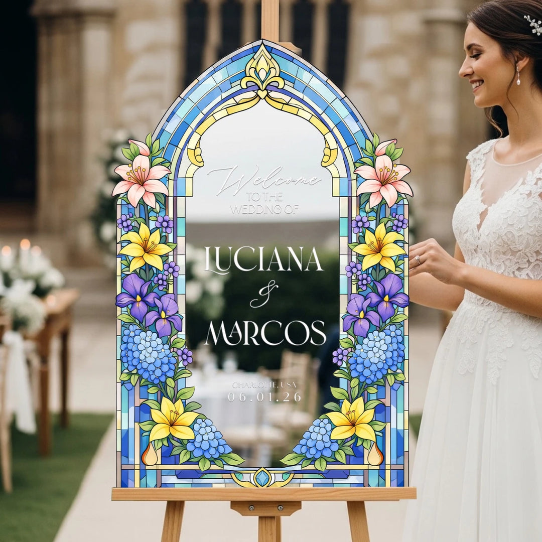 Lily & Hydrangea Wedding Welcome Sign — Gothic Stained Glass - SpeedyOrders