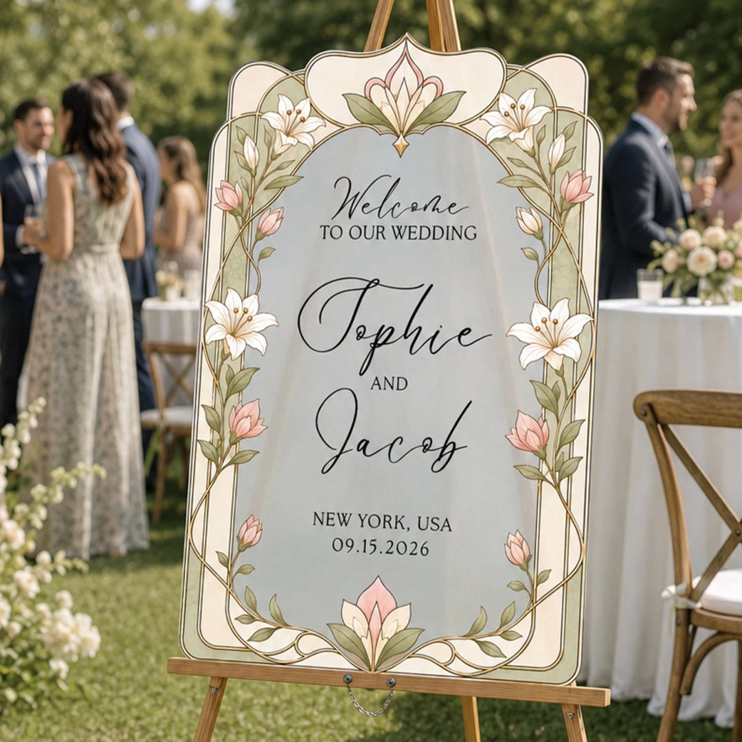 Lily Stained Glass Wedding Welcome Sign — Elegant Art Nouveau Floral Arch - SpeedyOrders