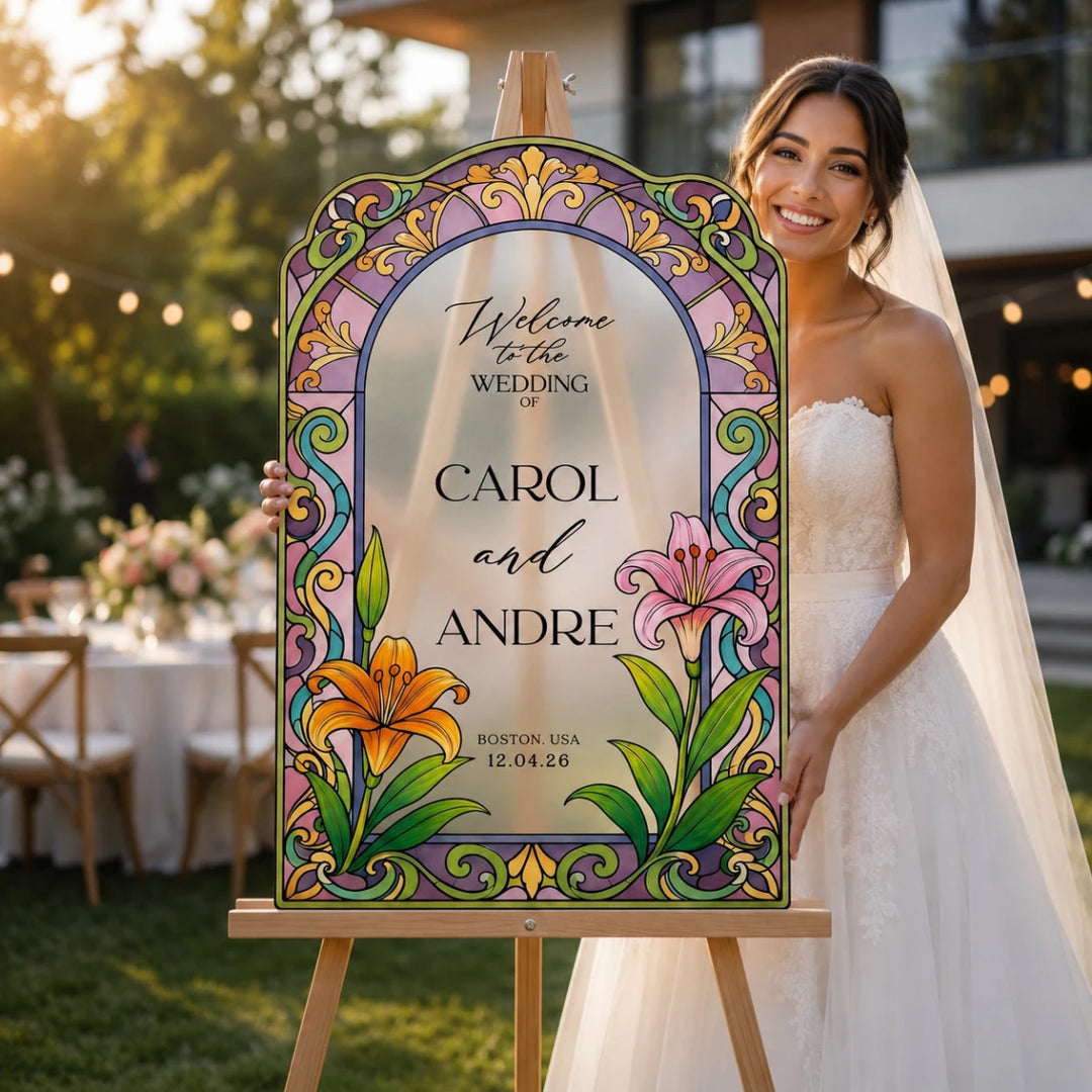Lily Stained Glass Wedding Welcome Sign — Elegant Floral Frosted Arch - SpeedyOrders