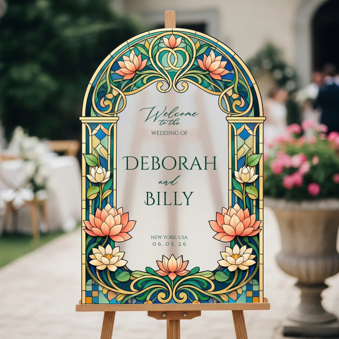 Lotus Wedding Welcome Sign — Art Nouveau Stained Glass - SpeedyOrders