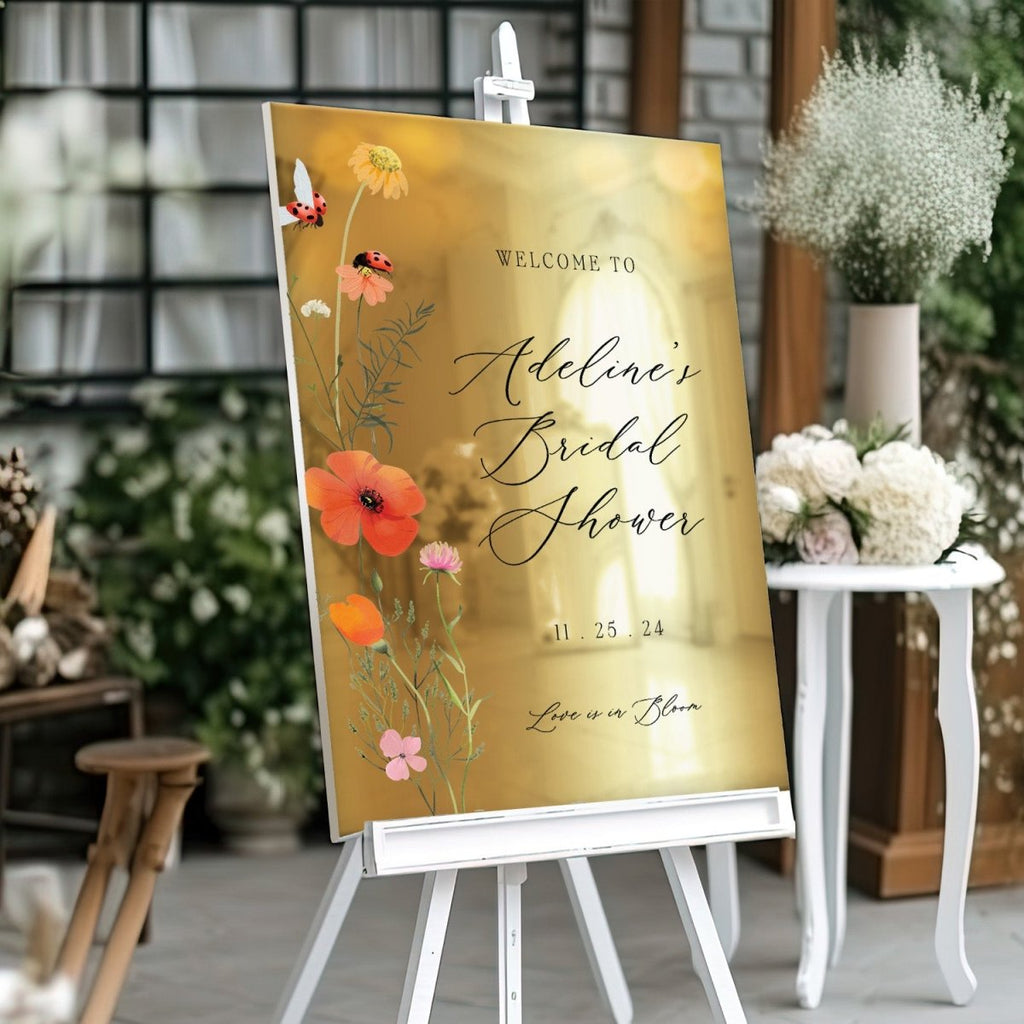 Love Is In Bloom Bridal Shower Sign, Frosted Acrylic Wildflowers Welcome Sign - SpeedyOrders
