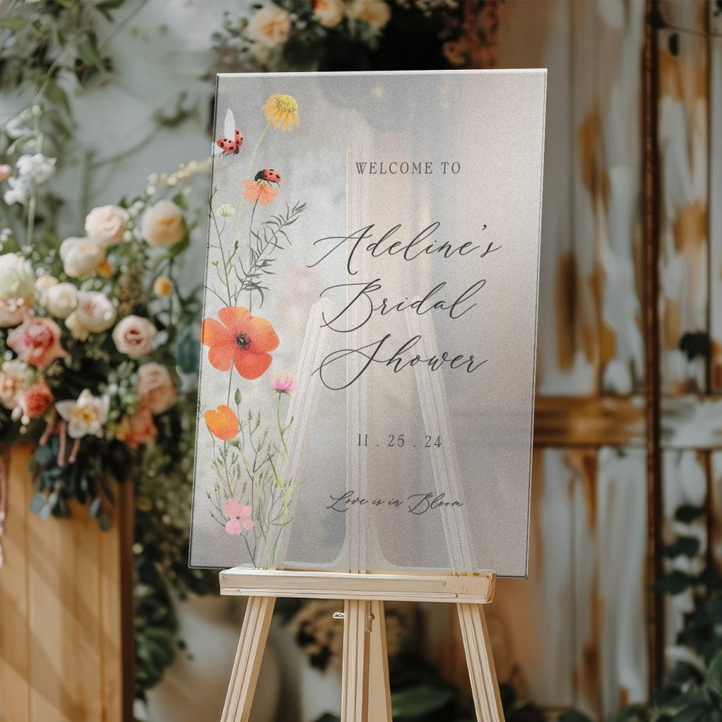 Love Is In Bloom Bridal Shower Sign, Frosted Acrylic Wildflowers Welcome Sign - SpeedyOrders