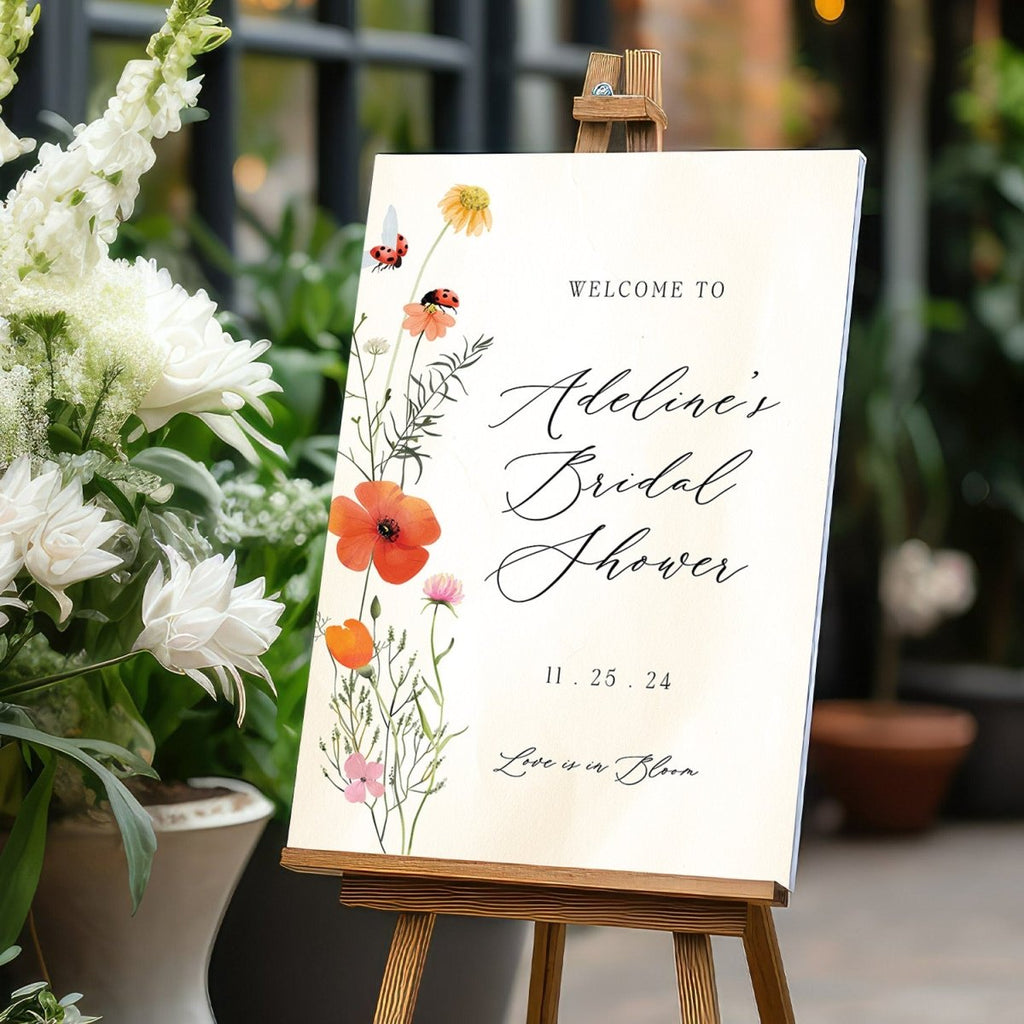 Love Is In Bloom Bridal Shower Sign, Frosted Acrylic Wildflowers Welcome Sign - SpeedyOrders