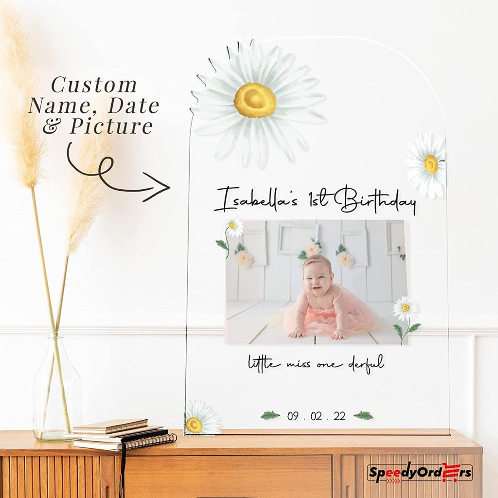 Lovely White Daisy 1st Birthday Party Photo Welcome Sign - SpeedyOrders