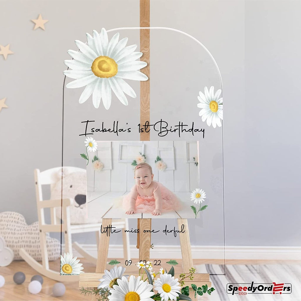 Lovely White Daisy 1st Birthday Party Photo Welcome Sign - SpeedyOrders