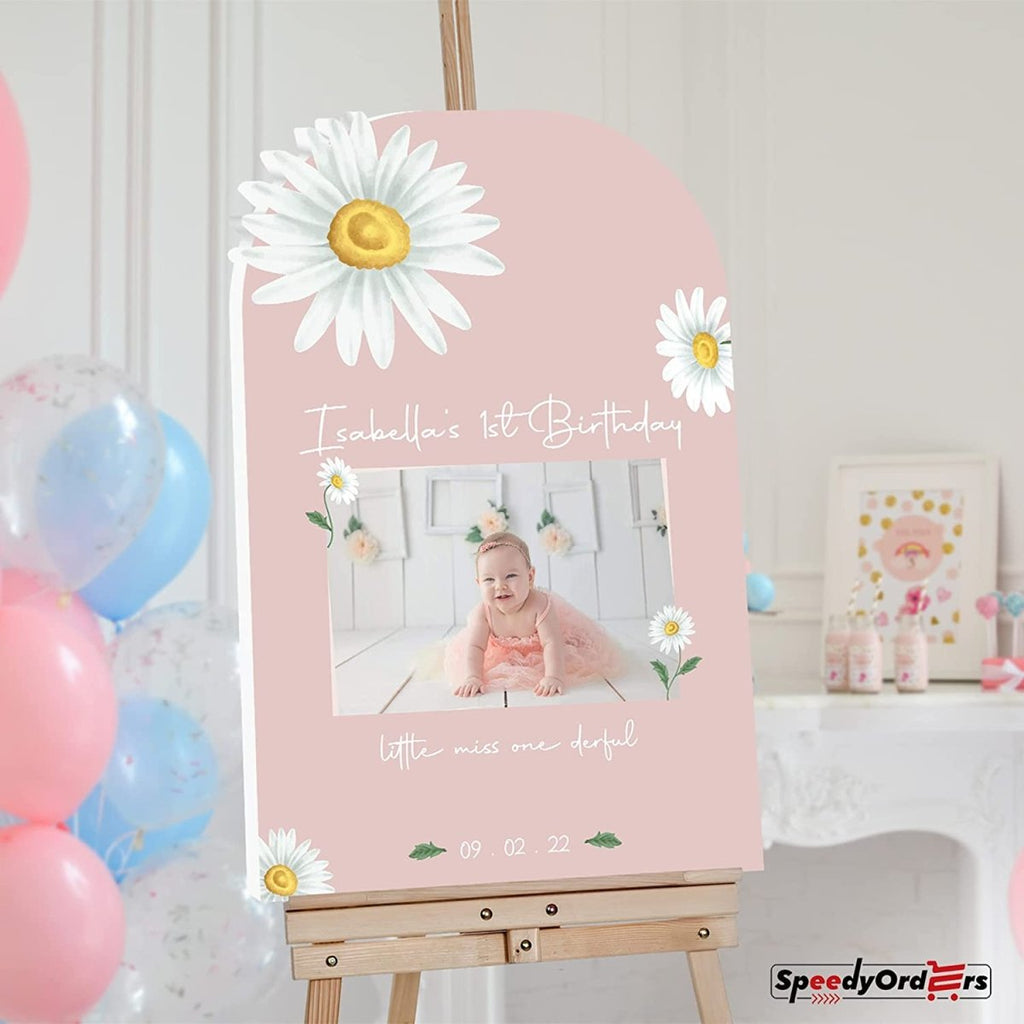 Lovely White Daisy 1st Birthday Party Photo Welcome Sign - SpeedyOrders