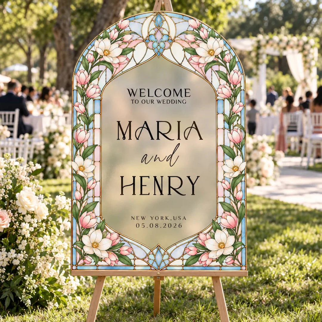 Magnolia Stained Glass Wedding Welcome Sign — Pink Floral Arch Acrylic Mirror - SpeedyOrders