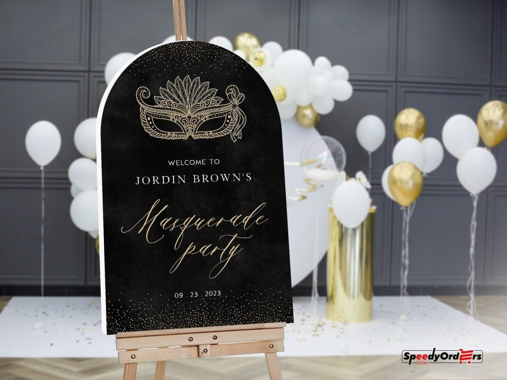 Masquerade Party Welcome Sign, Custom Black & Gold Masquerade Poster - SpeedyOrders