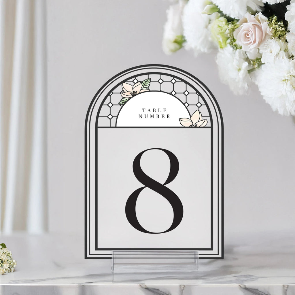 Medieval Mirror & Stained Glass Wedding Table Numbers, Acrylic Or Mirrored Table Numbers, Floral Wedding Decorations - SpeedyOrders