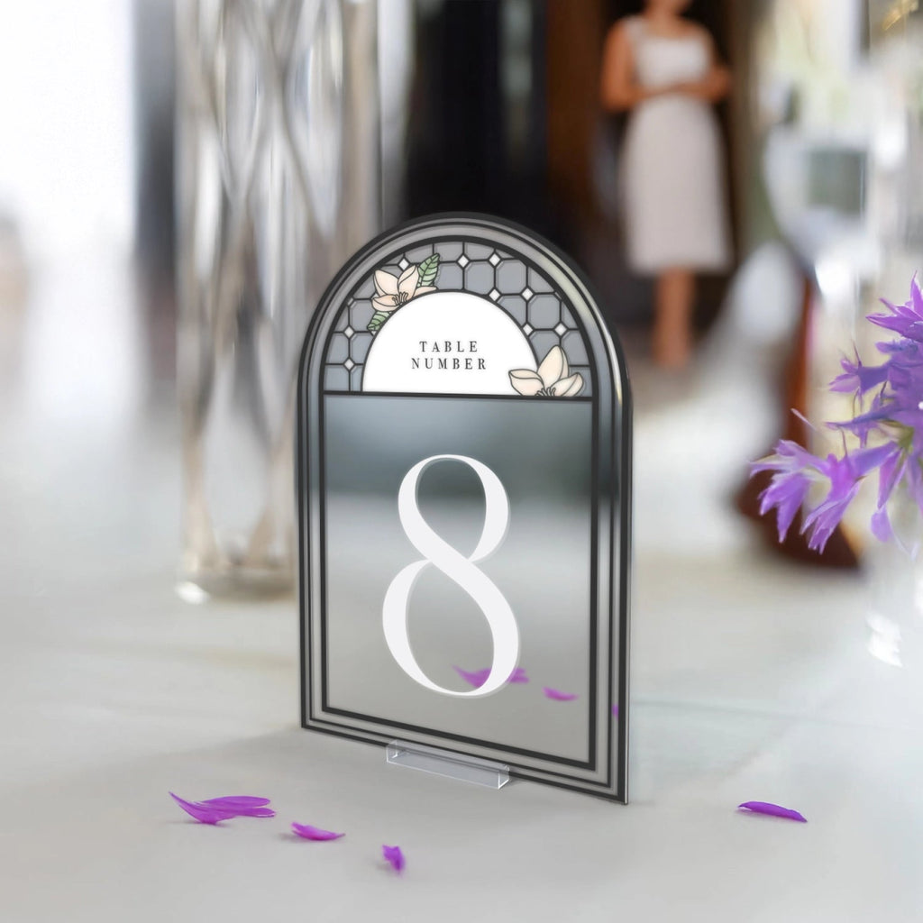 Medieval Mirror & Stained Glass Wedding Table Numbers, Acrylic Or Mirrored Table Numbers, Floral Wedding Decorations - SpeedyOrders