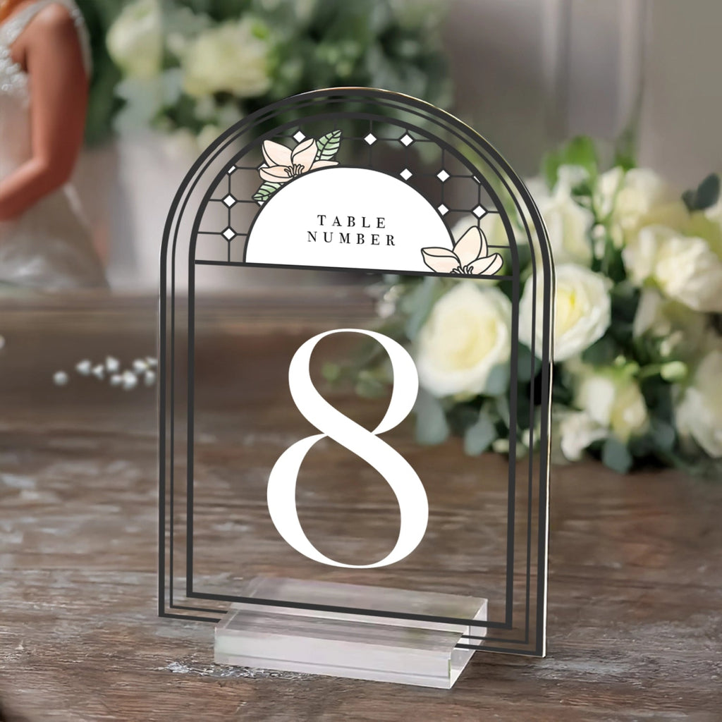 Medieval Mirror & Stained Glass Wedding Table Numbers, Acrylic Or Mirrored Table Numbers, Floral Wedding Decorations - SpeedyOrders