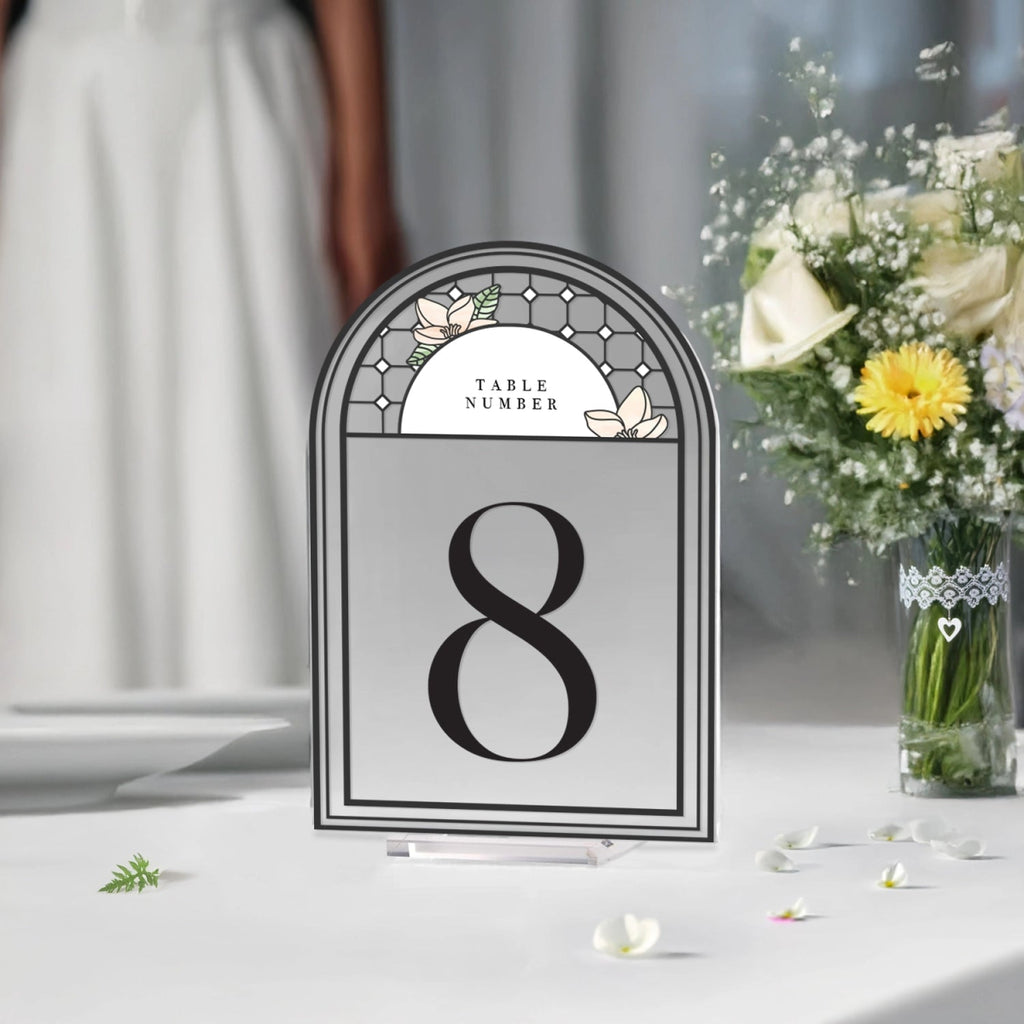 Medieval Mirror & Stained Glass Wedding Table Numbers, Acrylic Or Mirrored Table Numbers, Floral Wedding Decorations - SpeedyOrders