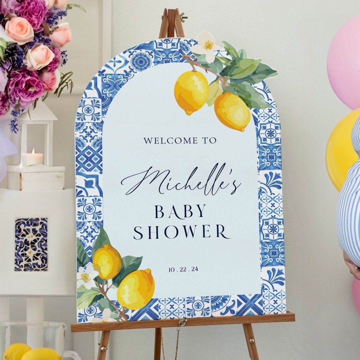 Mediterranean Baby Shower Welcome Sign, Blue Tiles Baby Shower Sign,, image size:1200x1200
