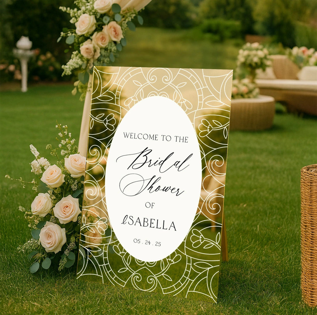 Mirror Bridal Shower Sign, Stained Glass Gold Bridal Shower Welcome Sign - SpeedyOrders