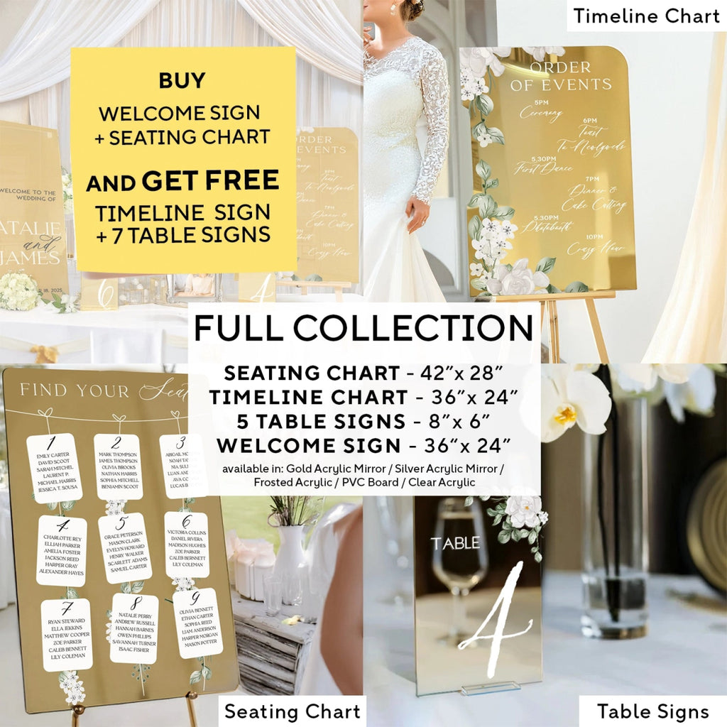 Mirror Wedding Welcome Sign Bundle Set, Seating Chart, Order Of Events and Table Signs - SpeedyOrders