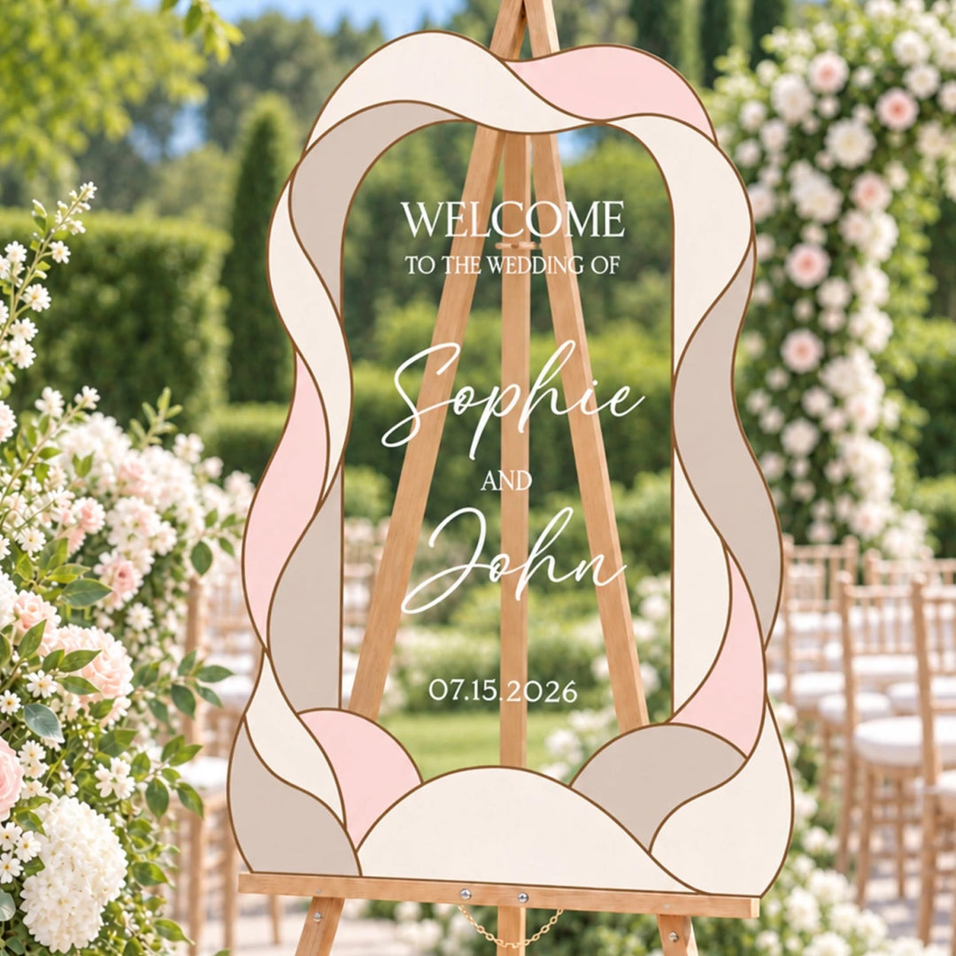 Modern Abstract Wavy Acrylic Wedding Welcome Sign — Neutral Blush & Sand Arch - SpeedyOrders