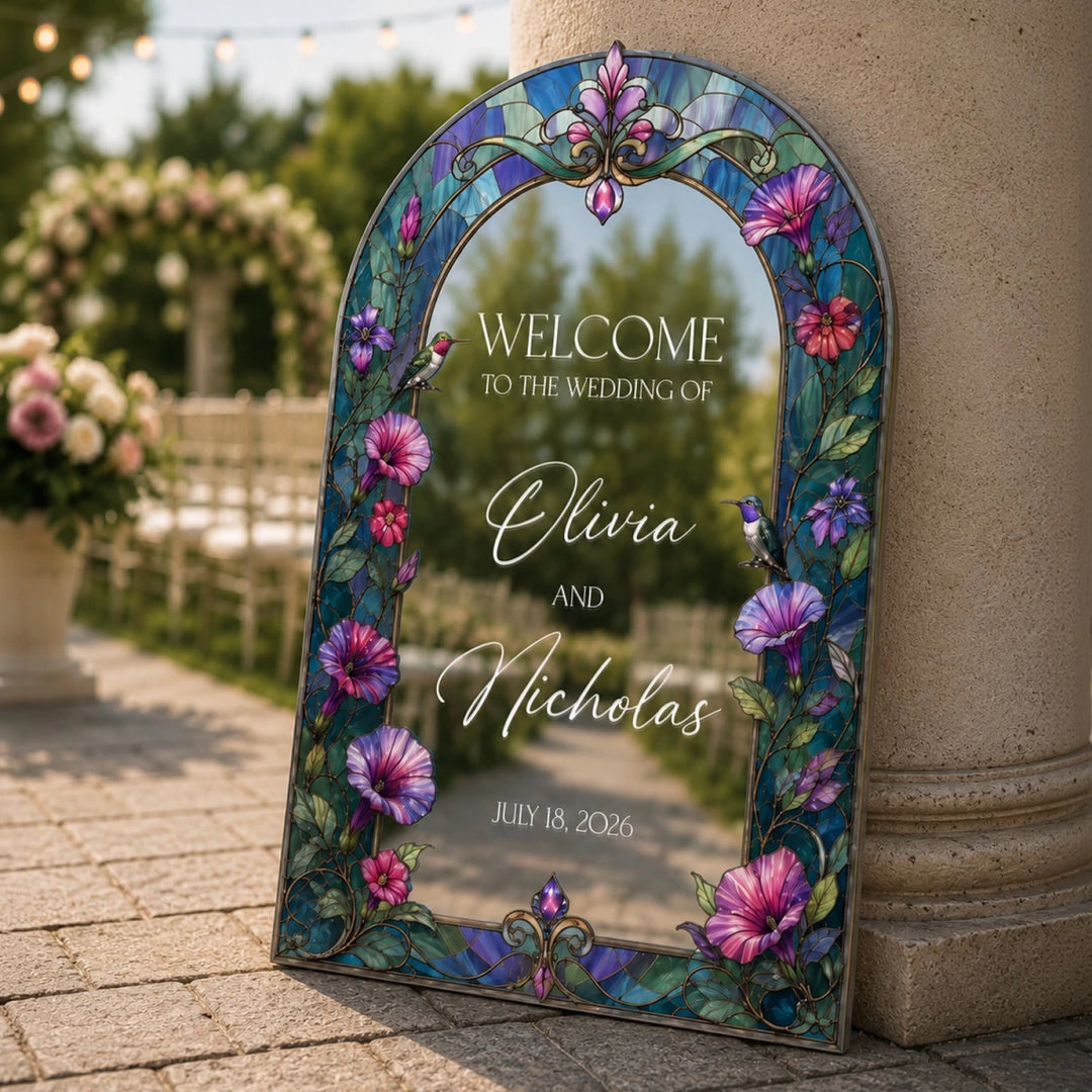 Morning Glory Stained Glass Wedding Welcome Sign — Hummingbird Arch - SpeedyOrders